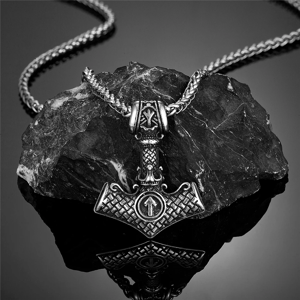 Vikings Crown Thor\'s Hammer Necklaces Men Stainless Steel Norse Mythology Runes Valknut Pendant Amulet Scandinavian Male Jewelry