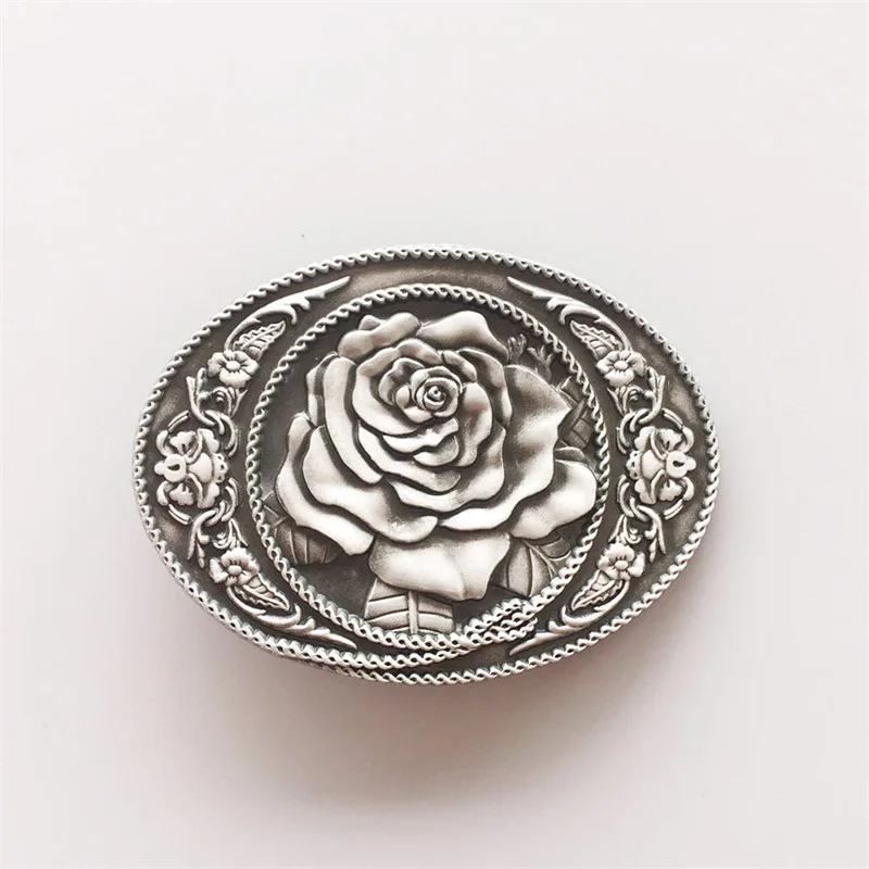 

Antique Silver Western Rose Flower Oval Belt Buckle also Stock in US Boucle de ceinture BUCKLE-3D059AS