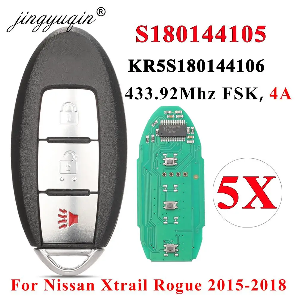 

jingyuqin 5pcs S180144105 Smart Remote Car Keyless for Nissan X-trail Rogue 2014-2018 KR5S180144106 433.92MHz 4A Chip Key Fob