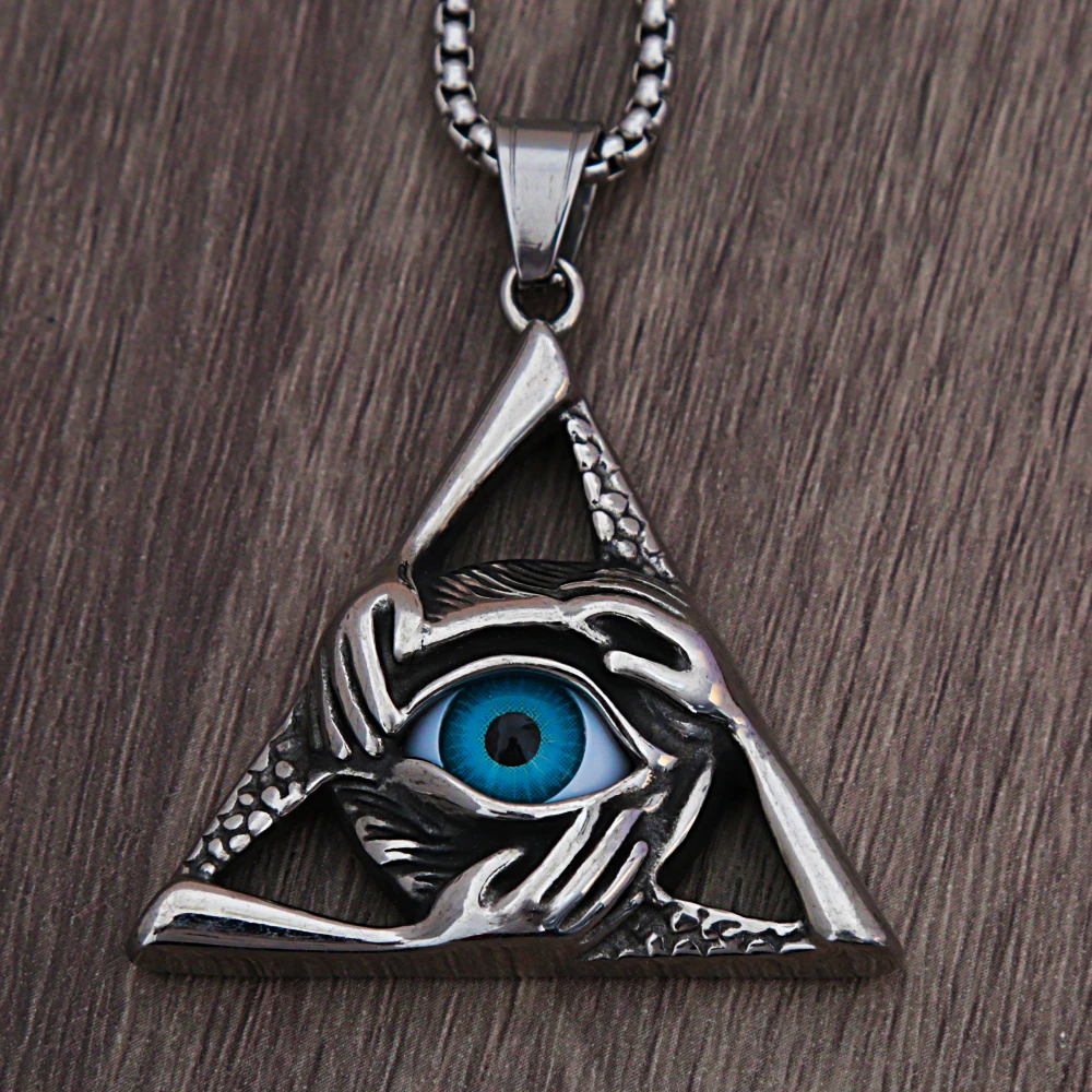 Retro Unique Evil Eye Pendant for Men Punk Hip Hop Stainless Steel Triangle Necklace Personality Fashion Jewelry Gift Wholesale