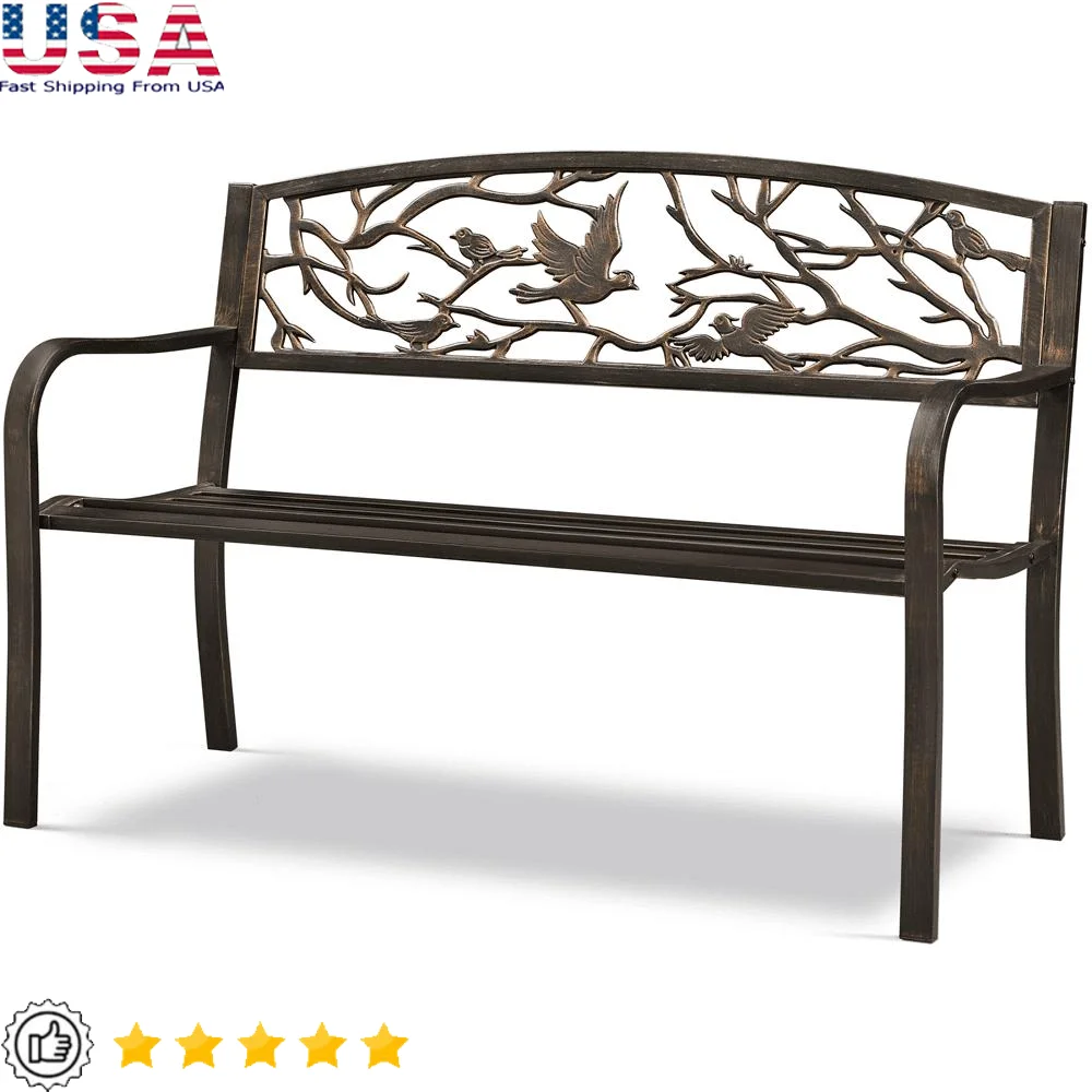 

Metal Garden Bench with Bird Pattern Backrest Outdoor Patio Seating Heavy Duty Iron Furniture Waterproof Non-Skid Pads