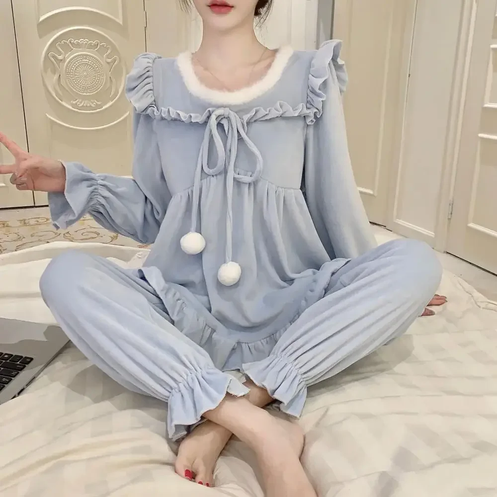 Soft Mdouble-Sided Plush Nightwear Warm Sweet Princess Style Home Clothes 2Pcs Pajamas Women's Sleep Suit Ruffles Bow Sleepwear