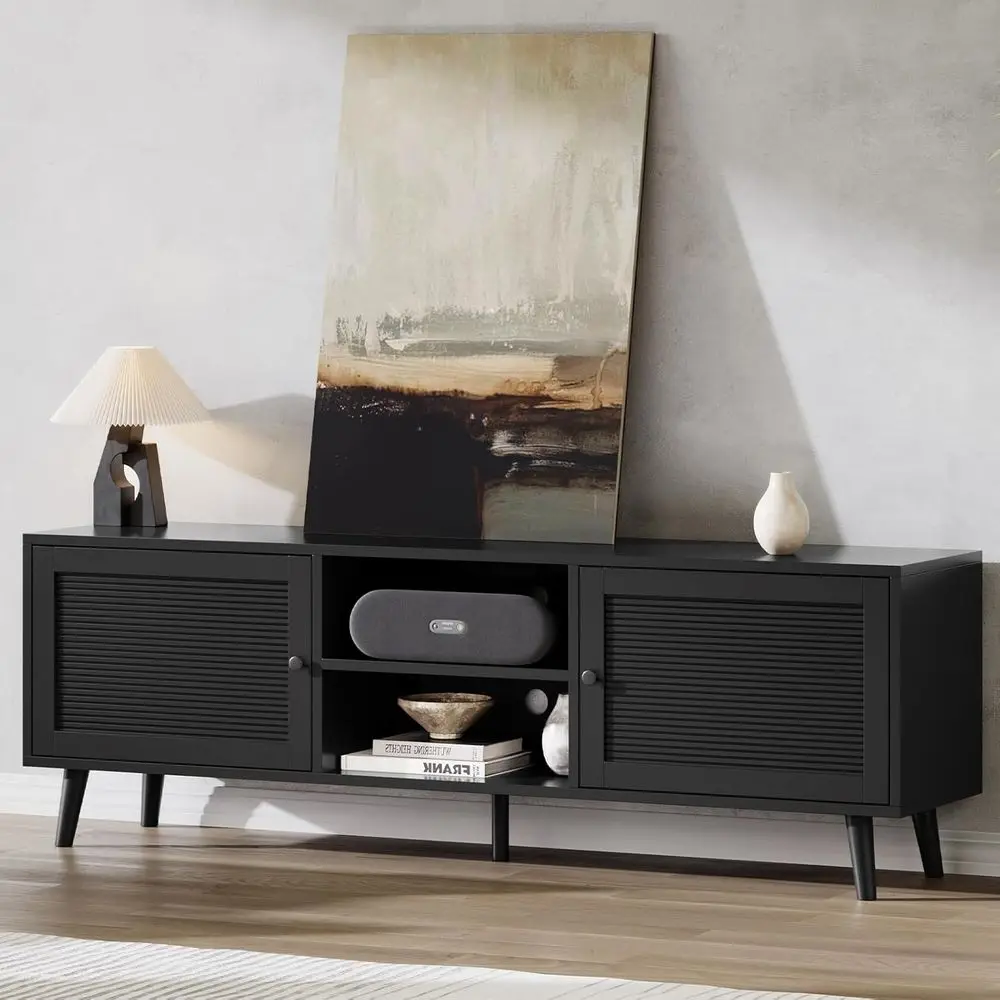 70 Inch Black luted TV Stand or TVs up to 80", ern Entertainment Center with Open Storage, Media ole Cabinet or Living Room, Bla