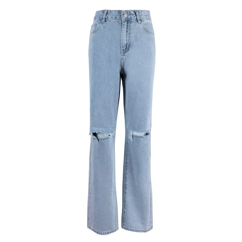 Women Jeans Washing Y2k Denim Straight Mom Pants Ankle Length High Waist Zipper Holes Pockets Loose Streetwear Casual Work