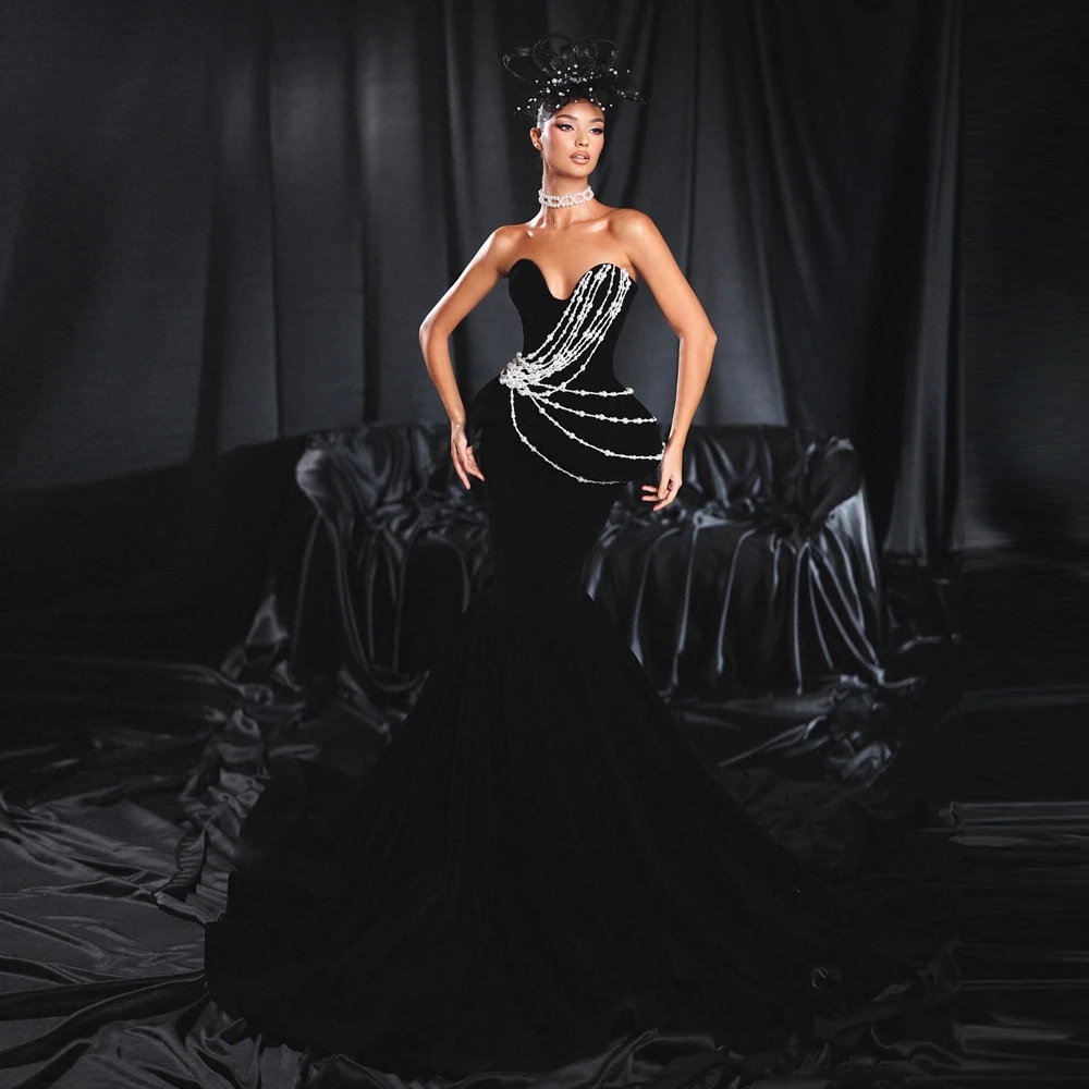 สวยไข่มุกลูกปัดชุดราตรี Elegant Strapless Velour Mermaid ปาร์ตี้พรหม Aso Ebi กํามะหยี่ยาวชุดชื่อเสียง