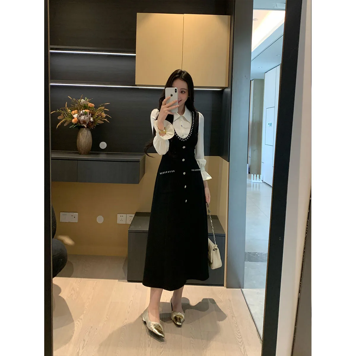 

Slimming irt Dr Autumn Winter Elastic Waist Design Fake Two-Piece Sle Long Sve round Ne Polyester Blend Women's D...