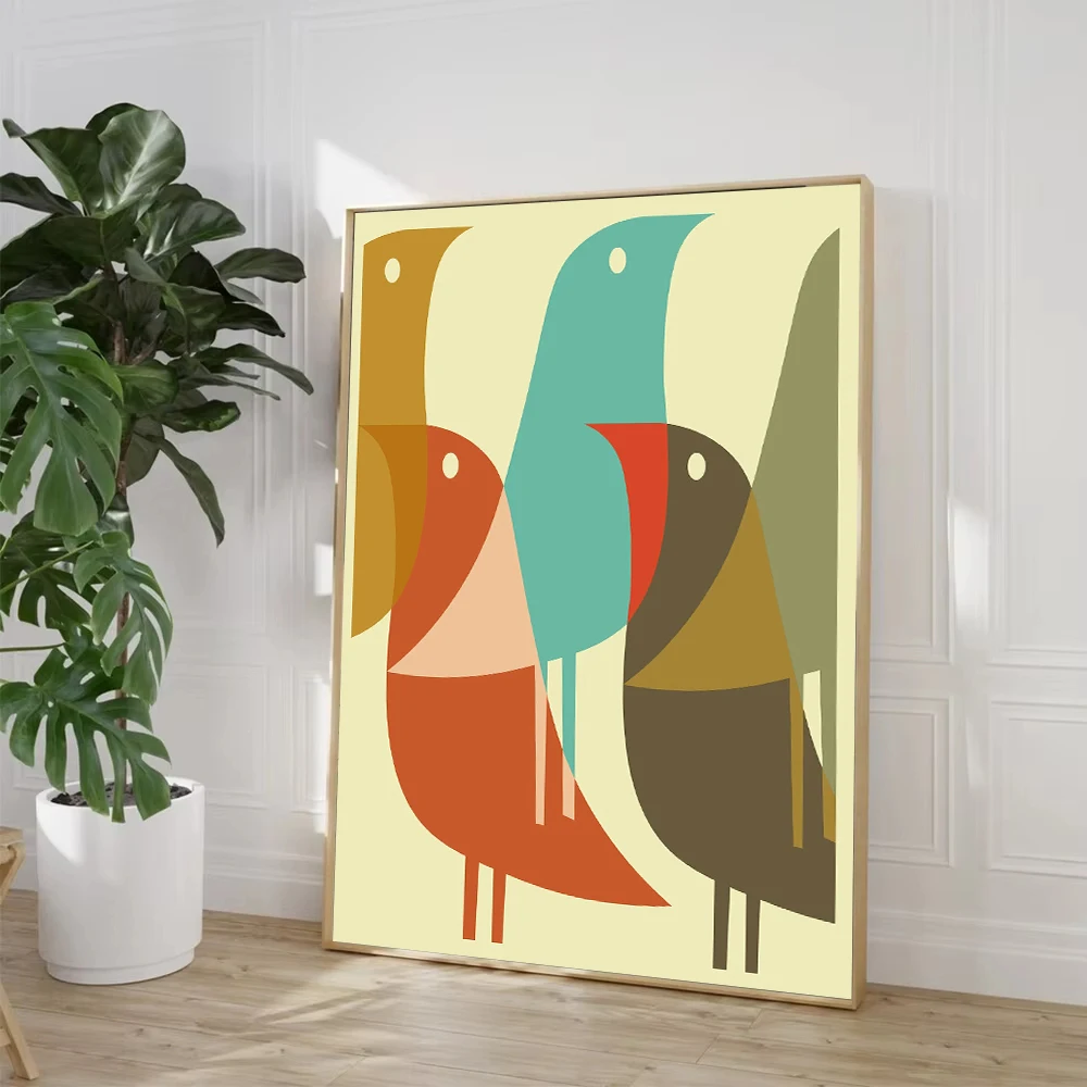 Geometric Bird Art Poster Print Pop Pink & Blue Mid Century Modern Retro Minimalist Canvas Painting for Living Room Home Decor