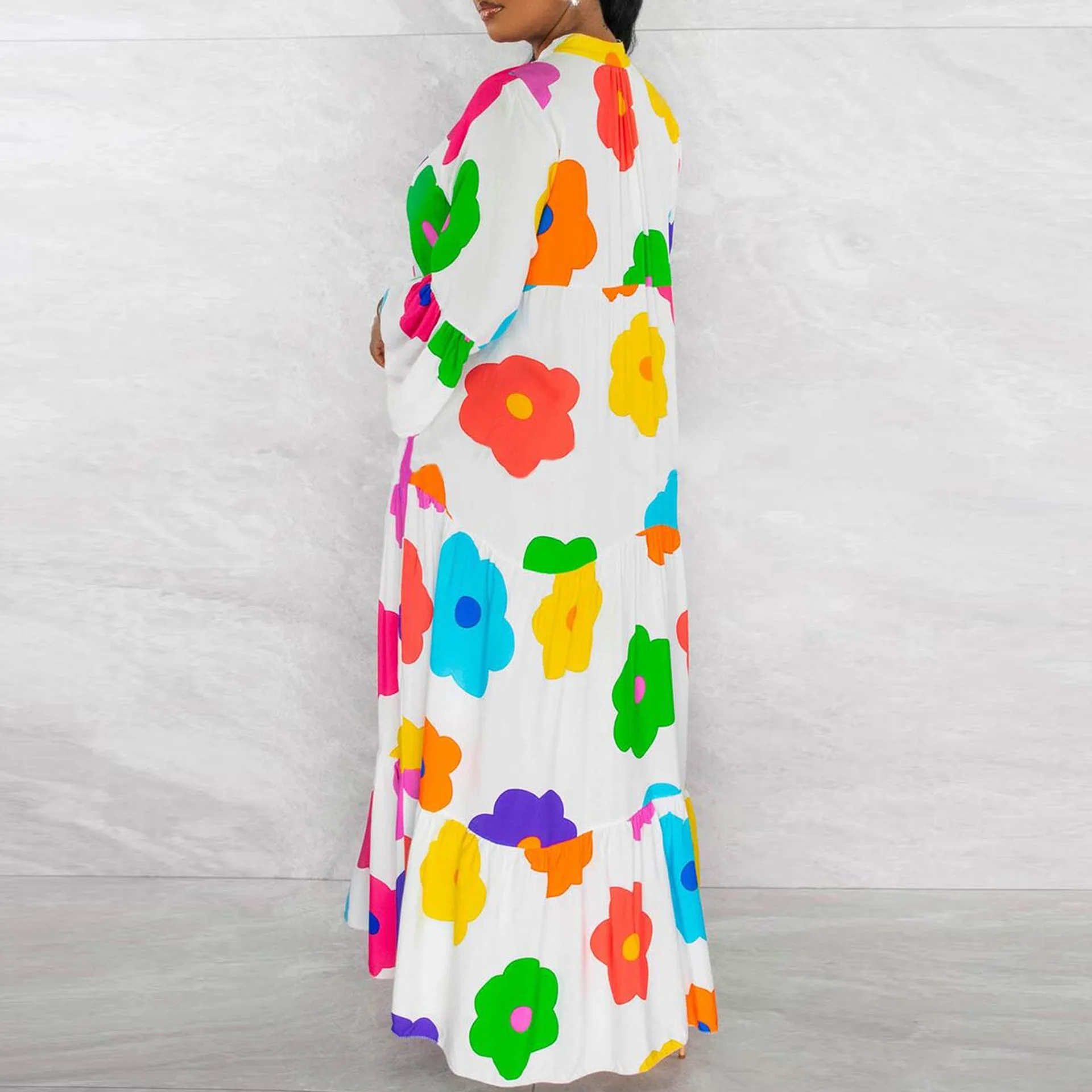 Robes Africaines Élégantes pour Femmes Printemps Automne Femmes Africaines À Manches sulfCol En V Polyester Imprimé Maxi Robe Afrique Vêtements S-3XL