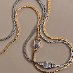 Charm Gold Color Square Crystal Necklace&Bracelet for Women Stainless Steel Shining Zircon Jewelry Waterproof Gifts