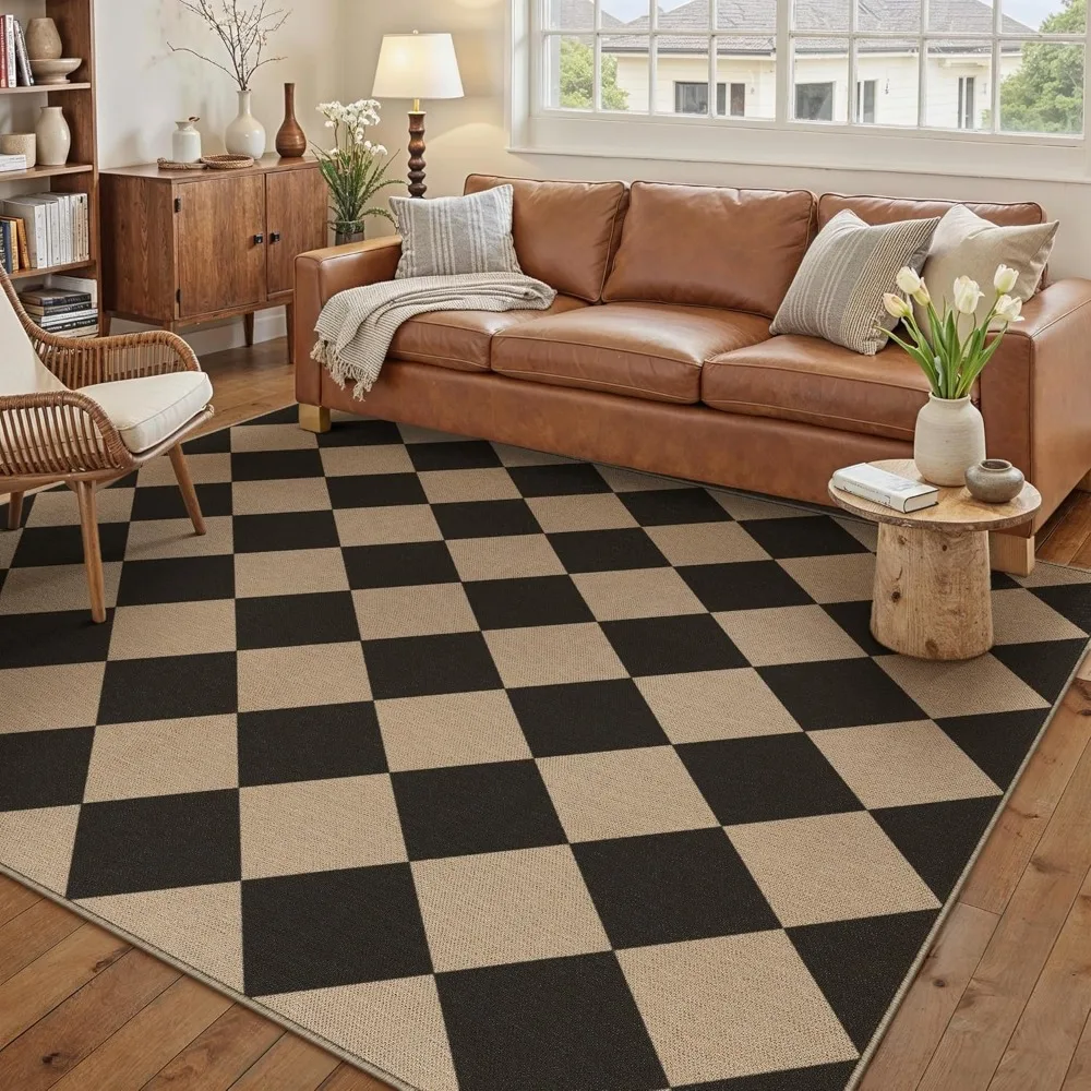 

5x7 Checkered Easy Jute Area Rug for Living Room Checkerboard Washable Indoor Outdoor Carpet Farmhouse Patio Office Mat Geometri