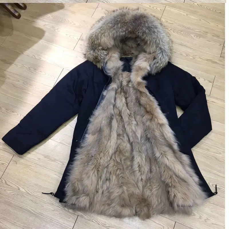 

Natural Fully Fox Fur Lined Black Shell Winter Long Length Real Fur Jacket With Raccoon Fur Hoodies For Women And Men