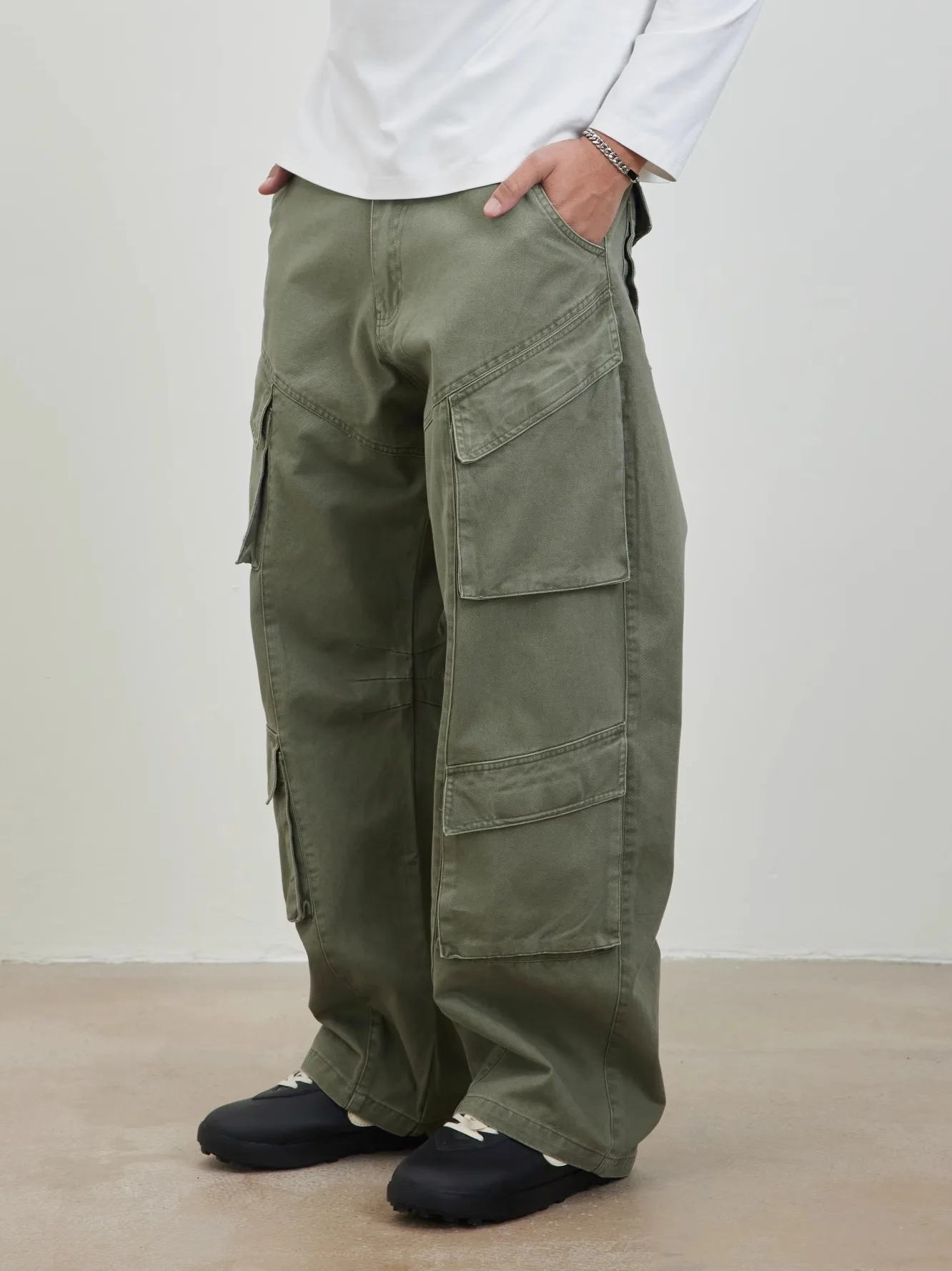 

Retro American Waed Loose Arc Cargo ket Workwear Long Pants Men's Trendy Straight Leg Trousers Youthful Energy Sle