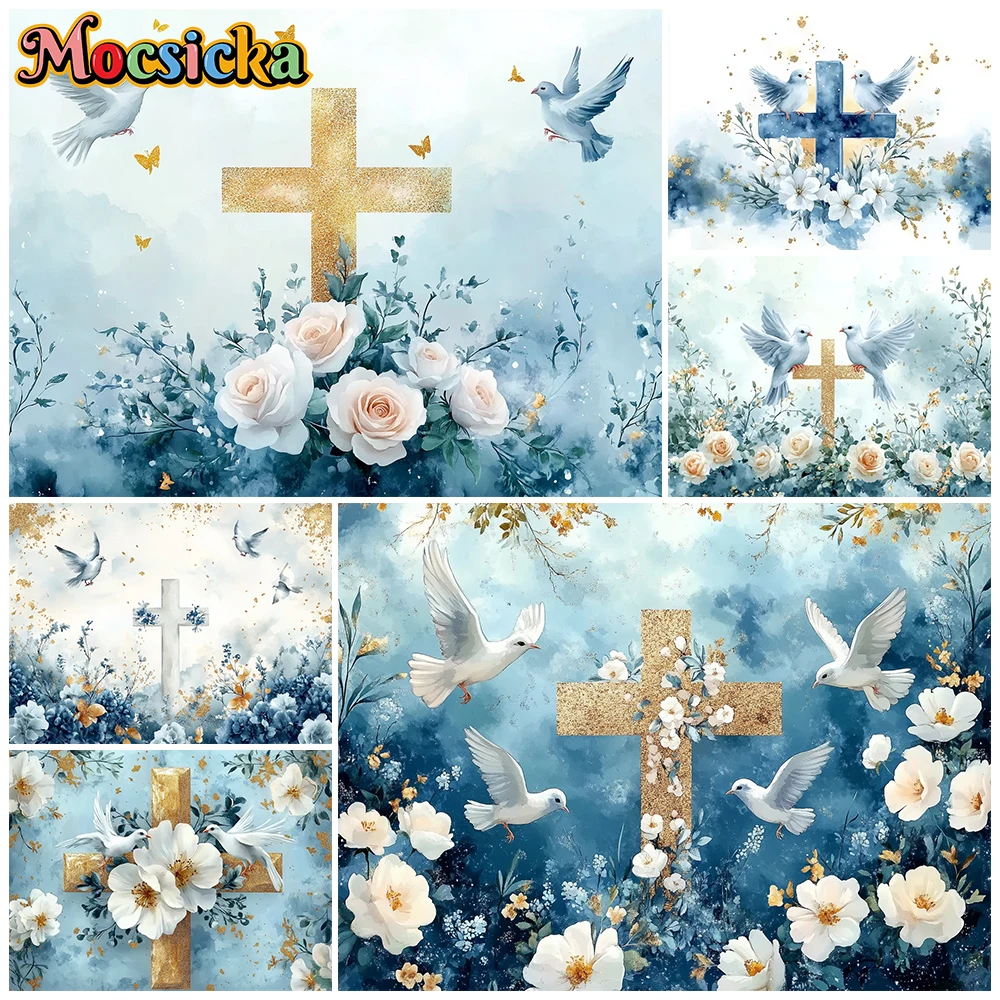 

Mocsicka Baptism Photography Backdrop Gold Cross Dove Floral Photo Background Kid First Communion Christening Party Studio Props