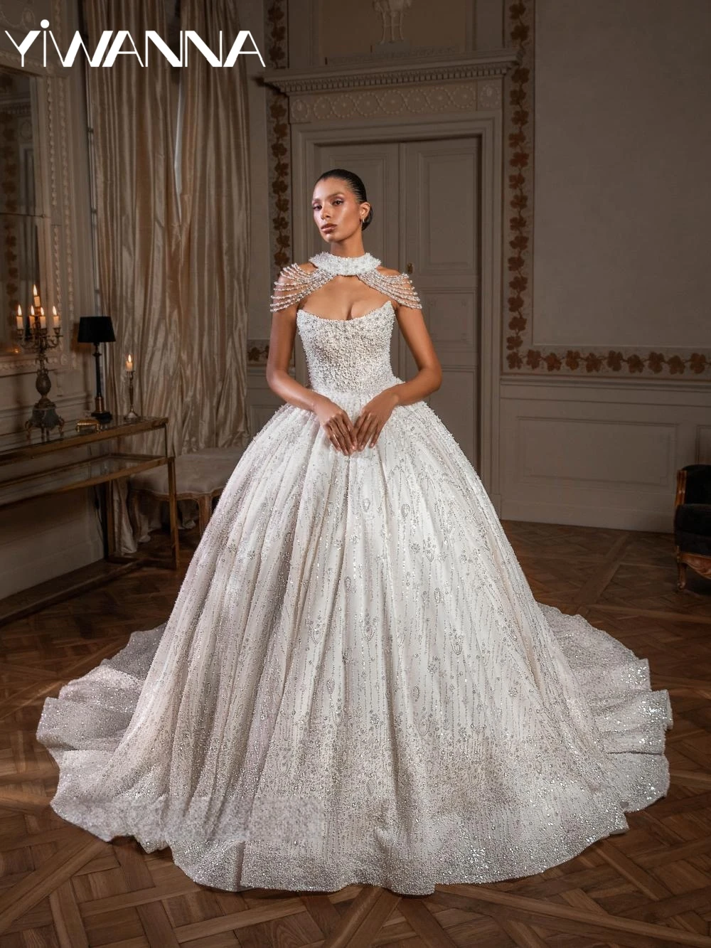 

Sparkling Pearls Embriodery Princess Wedding Dress Graceful Strapless Long Bridal Gown Customized Luxury Dresses For Bride
