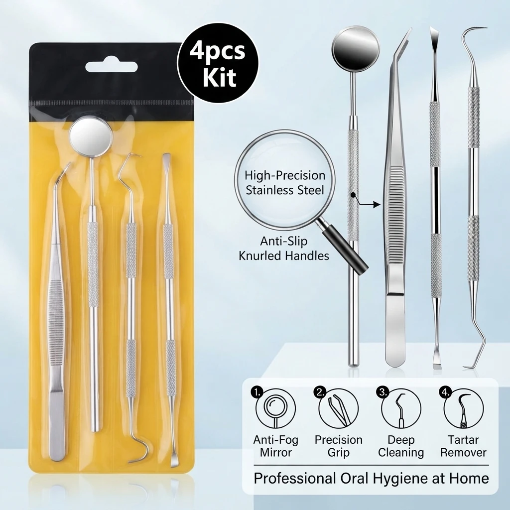 Stainless Steel Dental Tool Set Oral Care Kit Dental Mirror Tweezers Scaler Teeth Cleaning Tools For Calculus Plaque Remover