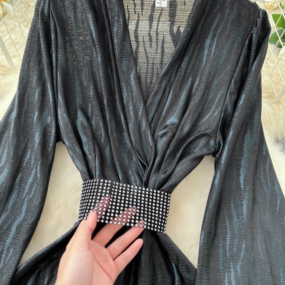 Chic vintage scollo a V strass Elegante fata moda coreana Boho Sundress abbigliamento donna Abito lungo