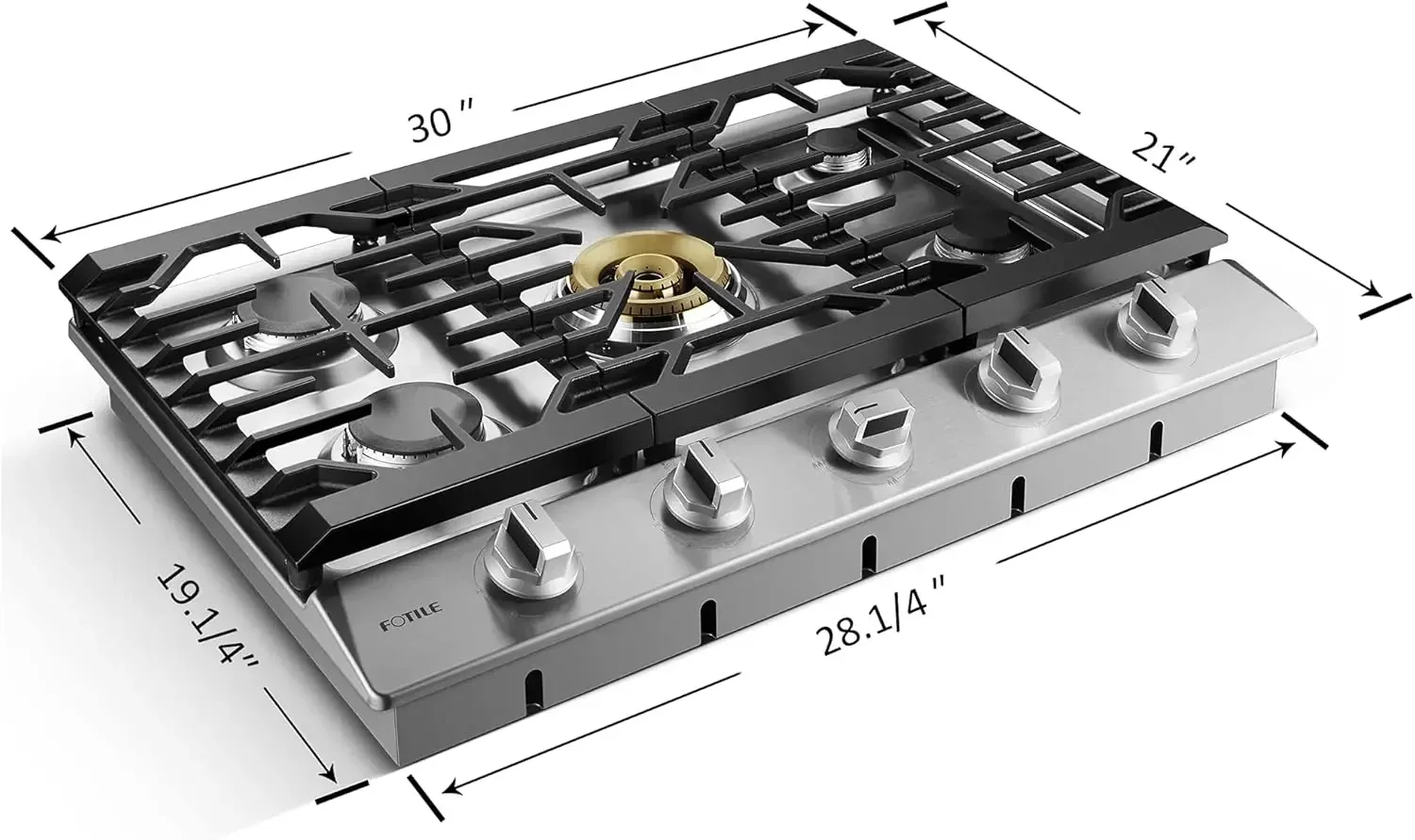 FOTILE GLS30501 30” Stainless Steel 5-Burner Gas Cooktop, Tri-Ring 22,000 BTUs Center Burner with Flame Failure Protection