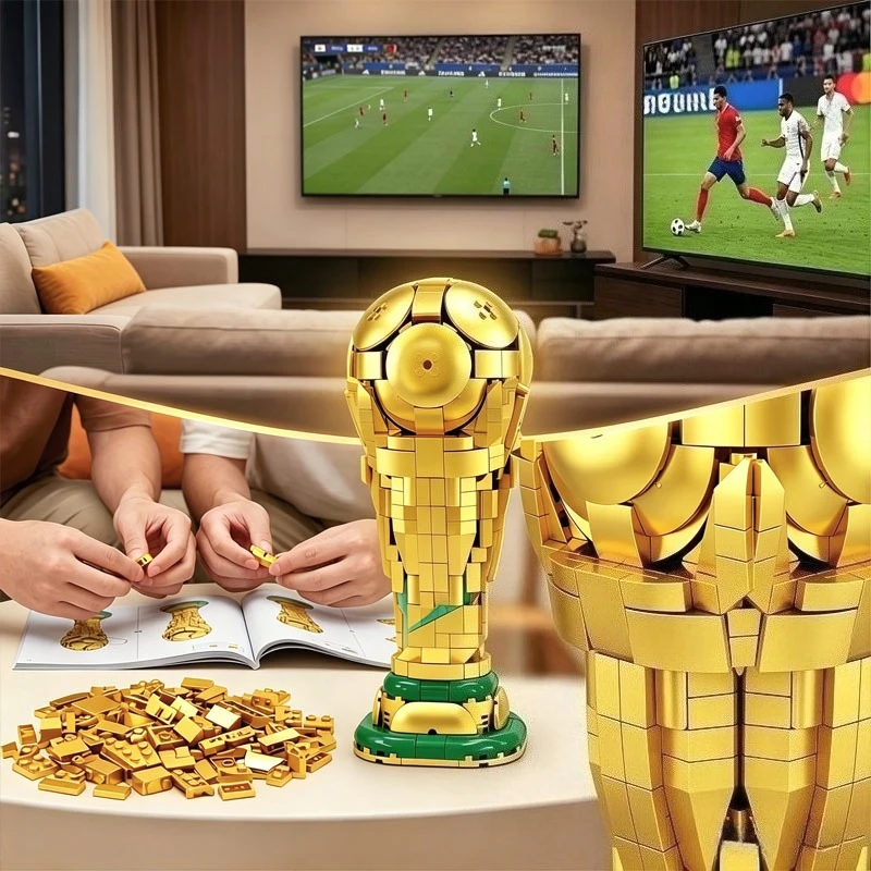 

1075 PCS Golden Football Trophy Building Blocks, Fan Holiday Gift, Compatible with Standard Bricks