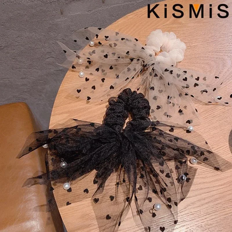 KISMIS 1PC Fashion Polka Dot Bow Headband Pearl Streamer Large Intestine Hair Tie Ponytail Head Rope