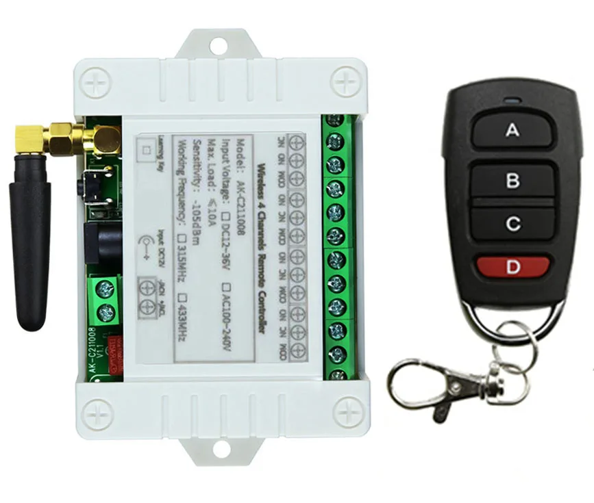 Remote Control Nirkabel Universal DC 12V 24V 36V 4CH 10A Modul Penerima Relai RF Switch Remote Control untuk Pembuka Gerbang Garasi