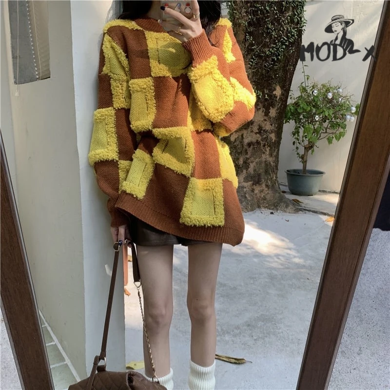 MODX Vintage Checkerboard Checkered Sweater Sweater Women's Thickened Wear Loose And Lazy Style Pullover Round Neck Top Hot New