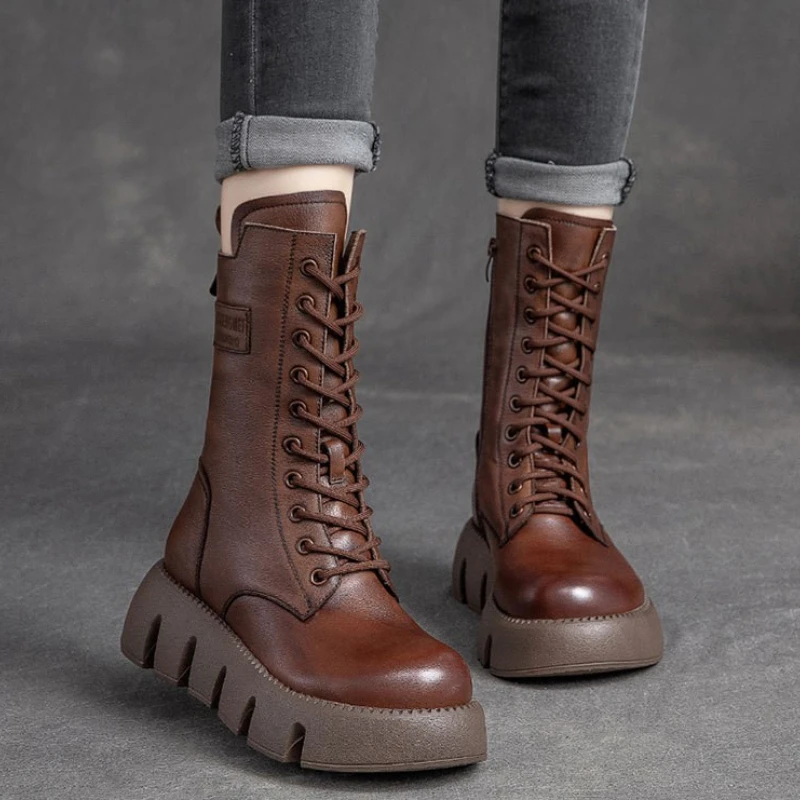 

Leather boots vintage casual women's shoes wedge heel rubber short plush mid boots simple fashion ladies boots shoes ladies tren