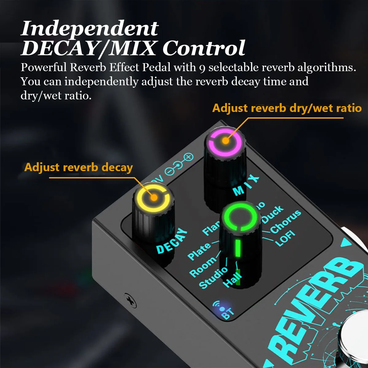 Miwayer Reverb Stereo Reverb Pedal – 9 Algorithms incl. Flanger/Echo/Studio, Mix & Decay Controls, BT 5.4, LED Glow - view 4