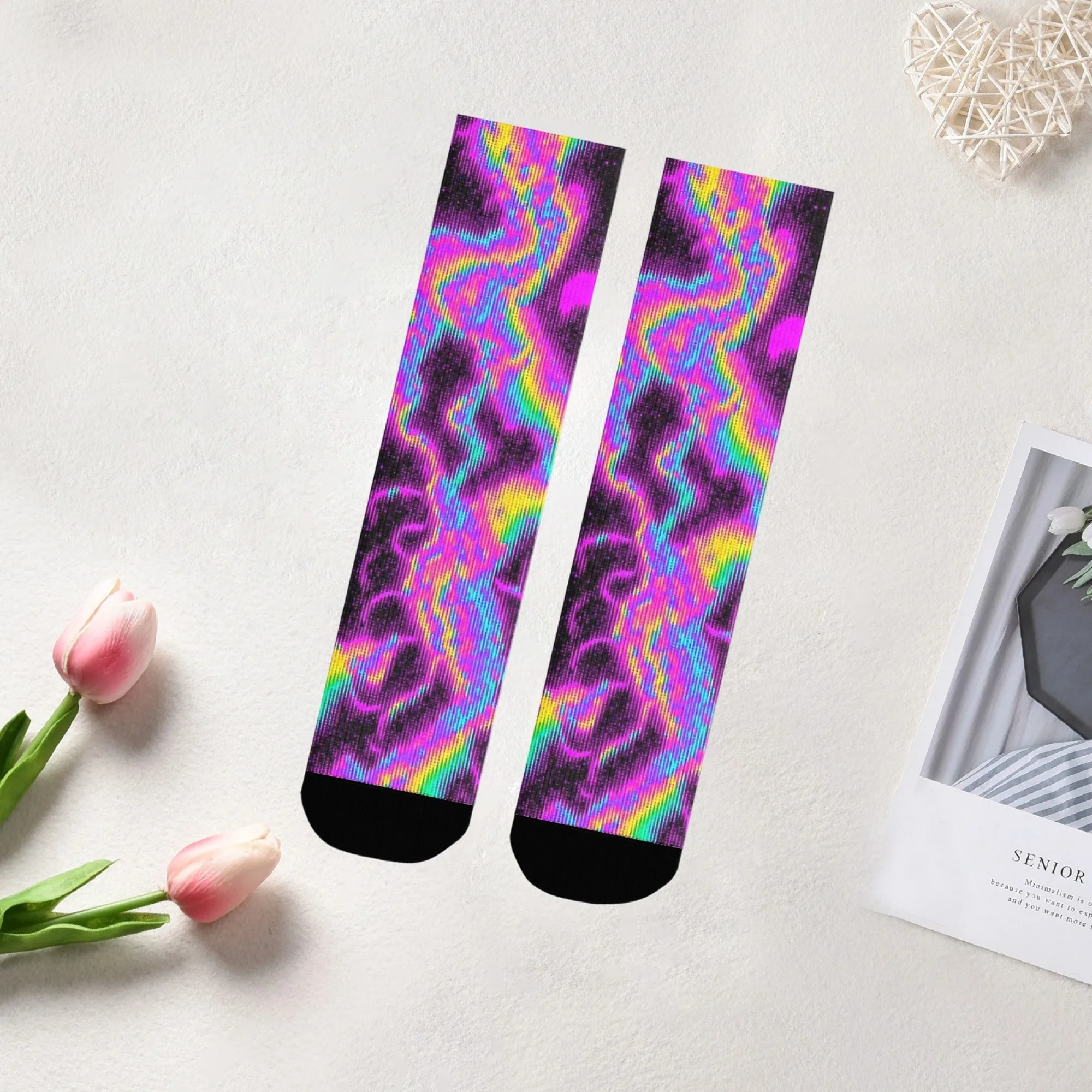 Neon Fluid Lightning Socks Smooth Reinforced Toe No-pilling Men's Socks Commuting City Walk Music Festival Hot Compression Socks