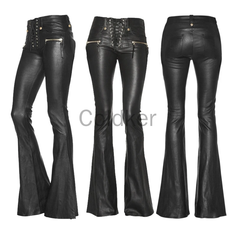 Casual Streetwear Women Punk Gothic Black PU Leather Pants High Waist Bandage Skinny Slim Flared Trousers Women Clothing S-5XL