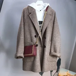 New Women Herringbone Pattern Woolen Jacket Spring Autumn Winter Imitation Cashmere Blazer Female Korean Loose Thick Woolen Coat