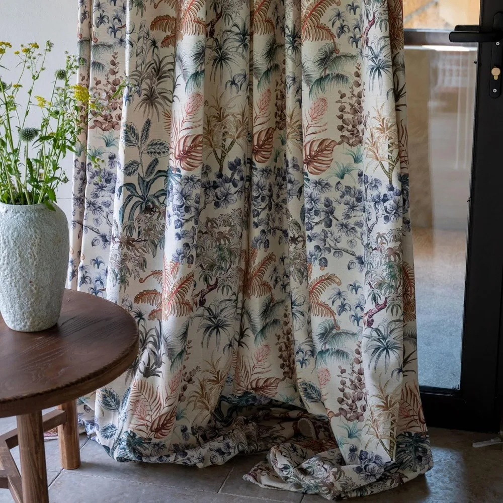 Rideaux semi-collants en mélange de lin pour salon, 84 pouces, style bohème avec motif floral botanique, idéal pour le drapeau de fenêtre