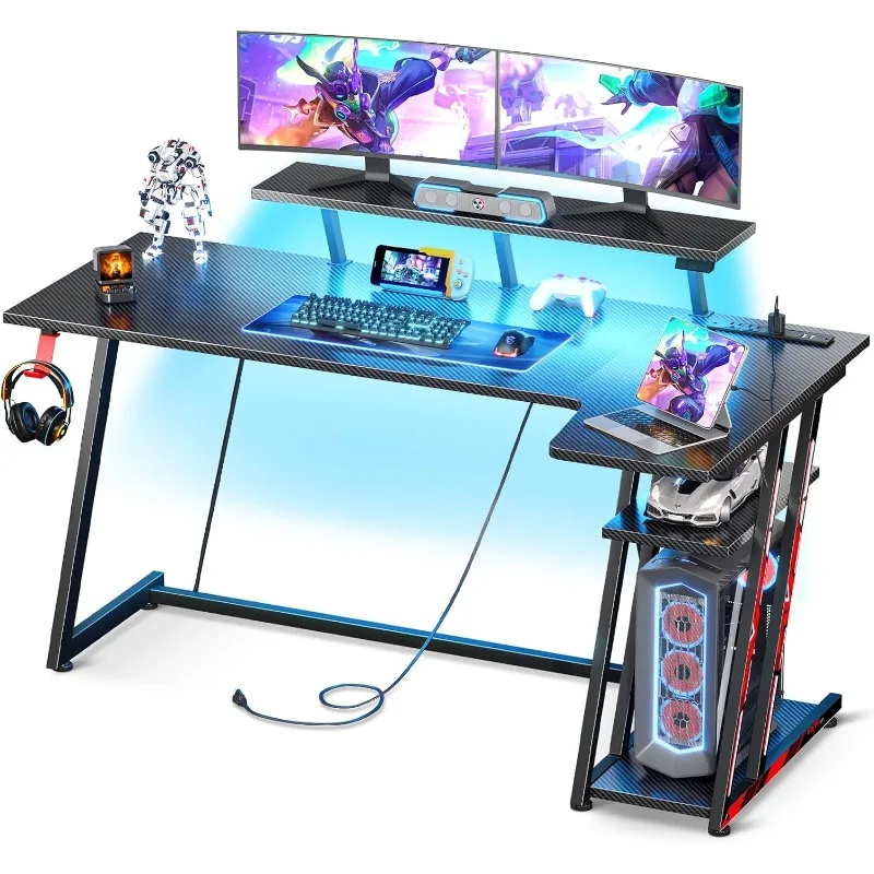 Gaming Desk with LED Lights & Power Outlets, 55 Inch L Shaped Gaming Computer Desk with Storage Shelf, Gamer Desk