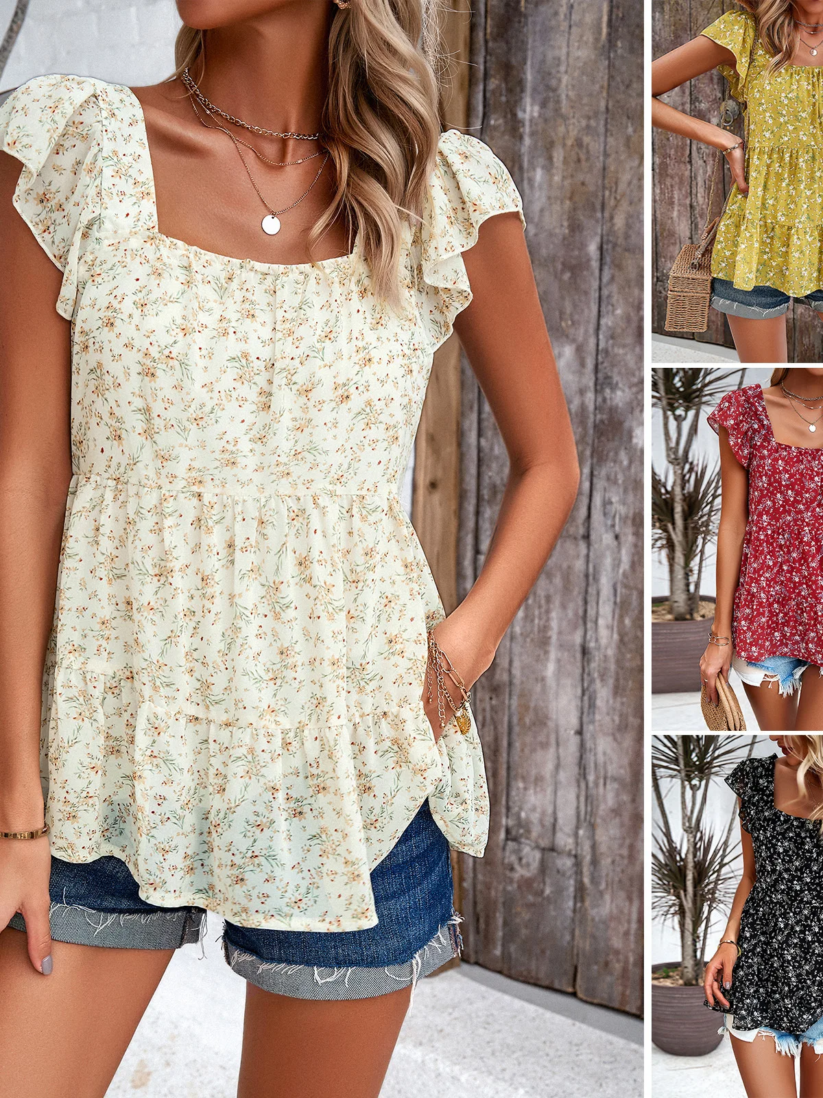 

Lotus Le Floral Square Collar Top Women's French Sle Loose Fit ort Sve Lace irt Summer Collection Floral Print