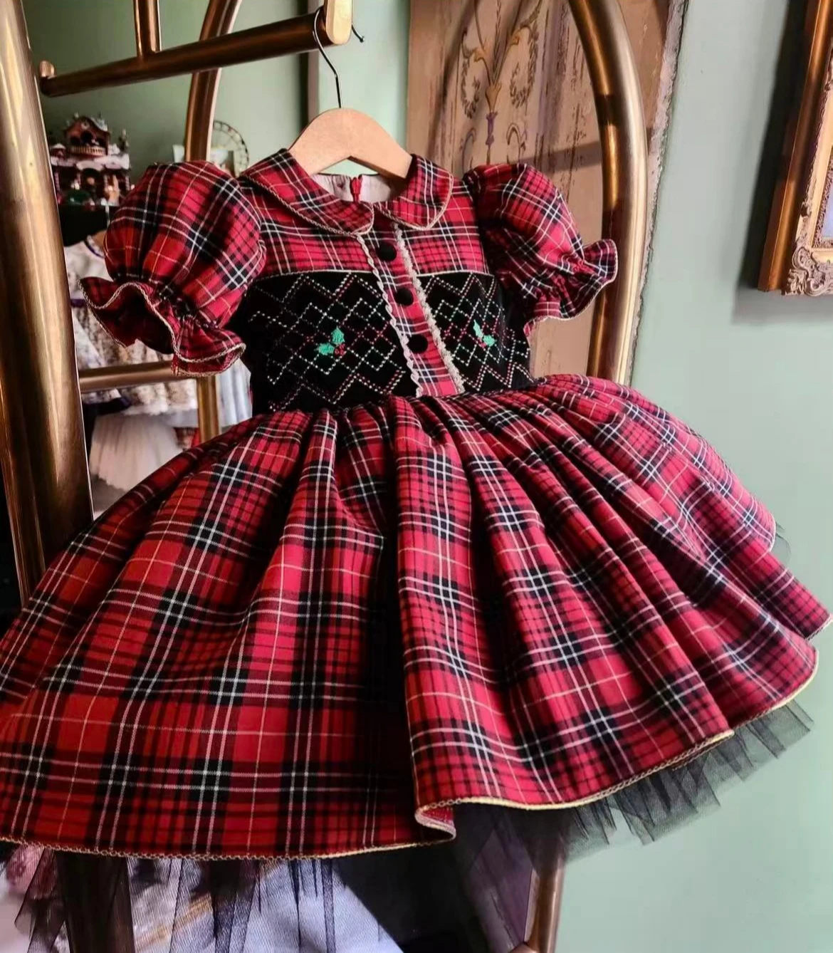 

0-12Y Baby Girl Summer Leaves Embroidery Red Plaid Vintage Princess Dress for Birthday Photography Holiday Eid Christmas B457