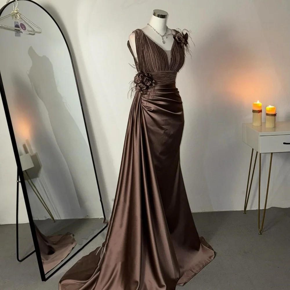 

Customized Exquisite Modern Style Pleat Draped Handmade Flower Feather Mermaid V-neck Long Dresses Bespoke Occasion Dresses Sexy