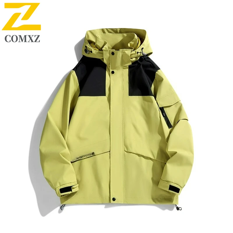 COMXZ Mens Jacket 2025 Classic Hooded Outdoor Fishing Waterproof Coat Casual Mountaineering Wear Resistant Spring Autumn Wear