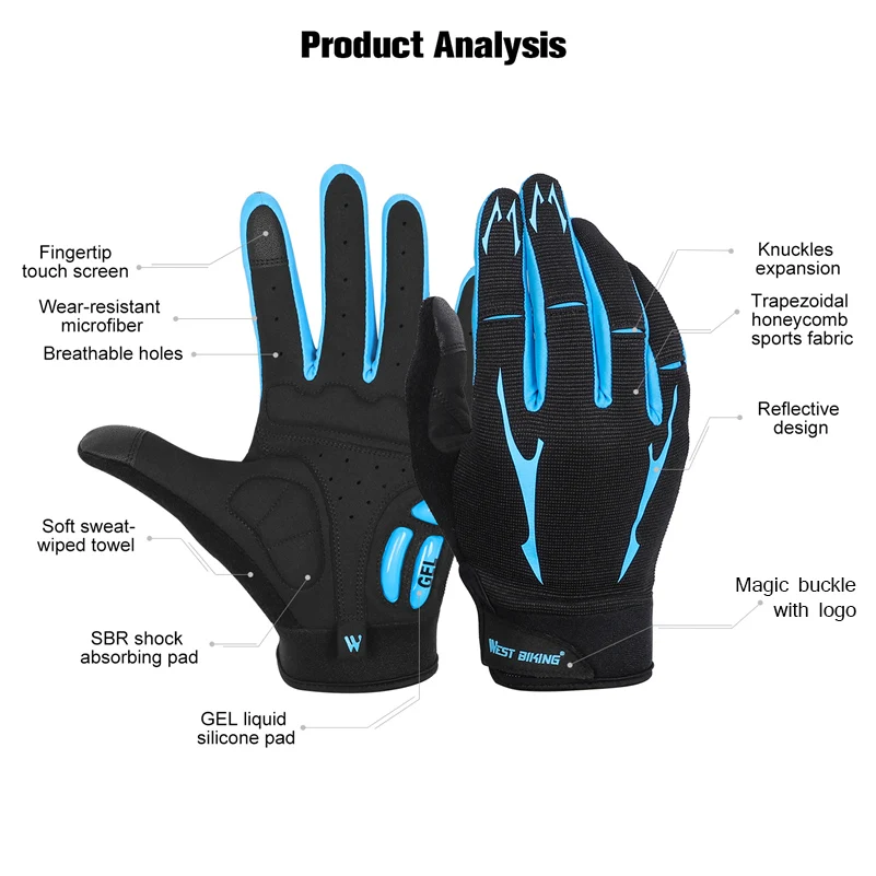 WEST BIKING Breathable Cycling Gloves GEL Silicone Liquid Palm Non-slip Sports Full Finger MTB Enduro Touch Screen Gloves Summer