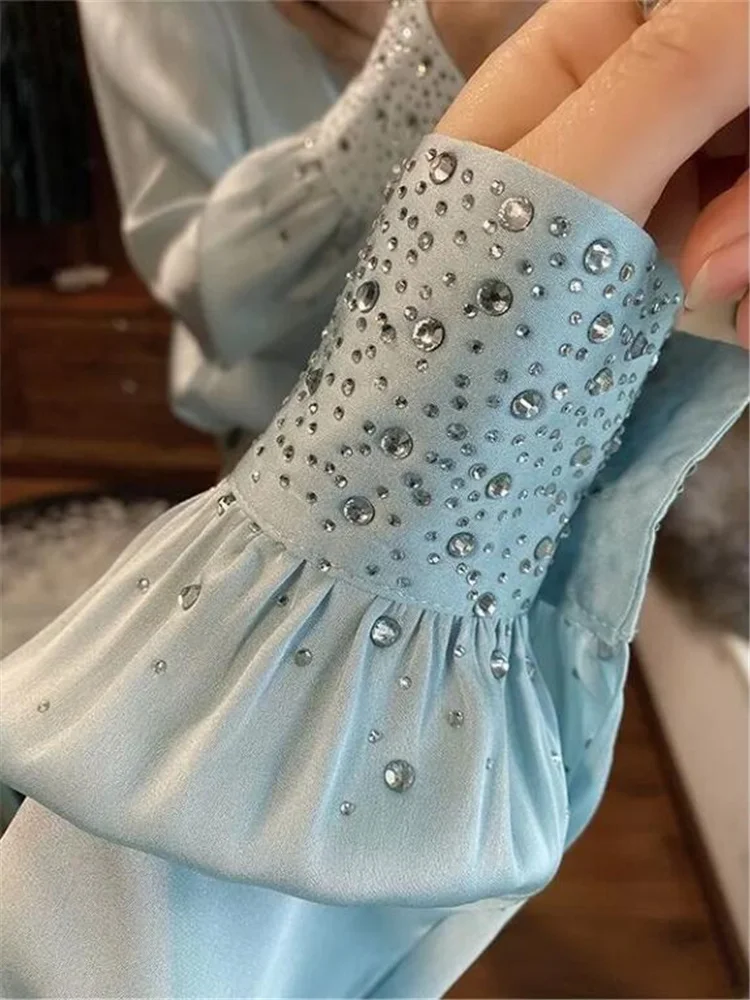 Elegant Diamonds Women Blouses New Beaded Hot Drill Shirt For Woman POLO Collar Lantern Sleeve Basic Blusas Muje OL Female Shirt