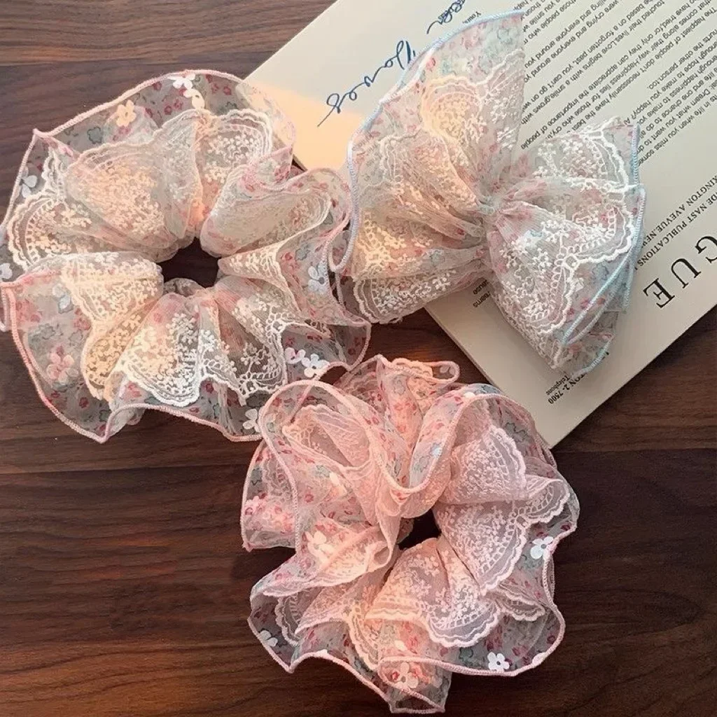 1PC Floral Lace Scrunchies Set For Women Sweet Ruffled Chiffon Hair Ties Vintage Bow Hair Accessories For Daily Hairstyles