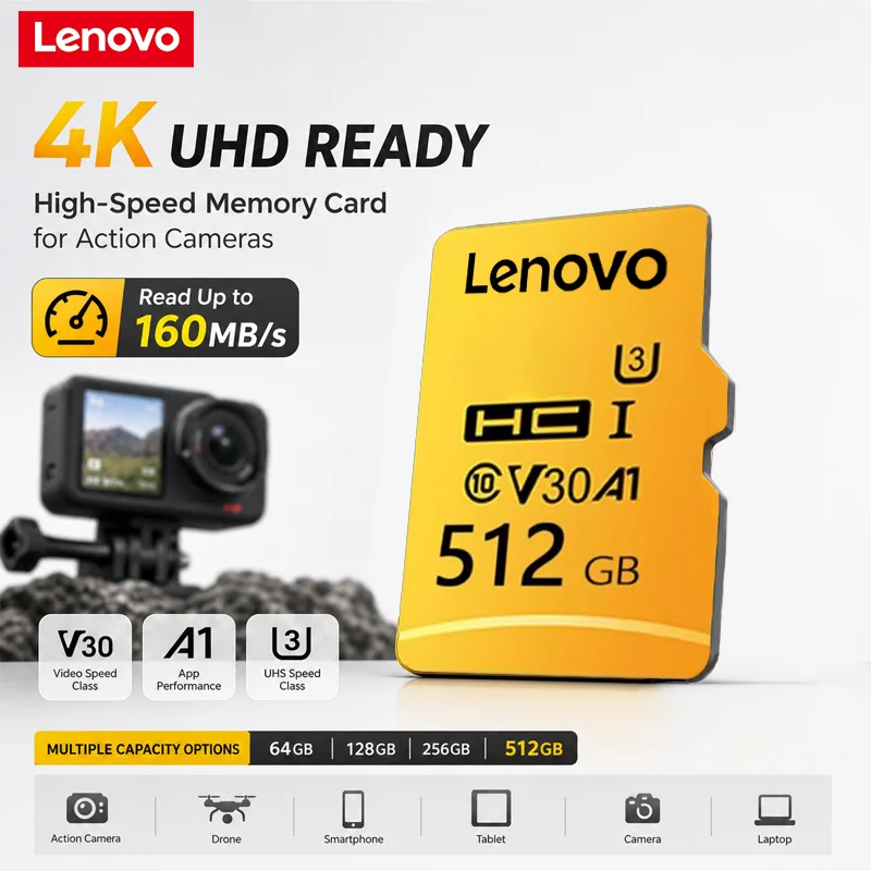 Lenovo High-Speed A1 Flash Memory Card 512GB 256GB 128GB V30 4K Ultra High Definition Suitable for Drone Cameras