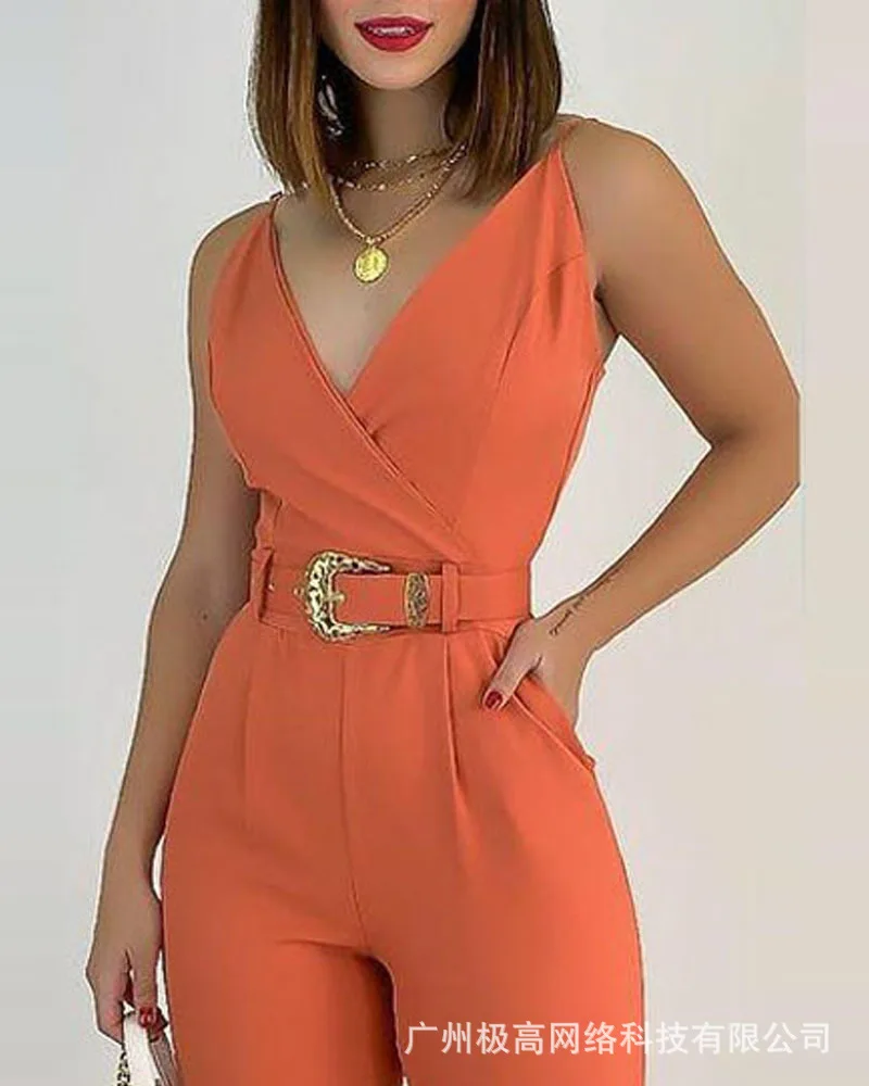 V-Neck Pocket Detail Cami Jumpsuit With Belt Women Overall Pants Spring Summer Sleeveless Solid Color Jumpsuits