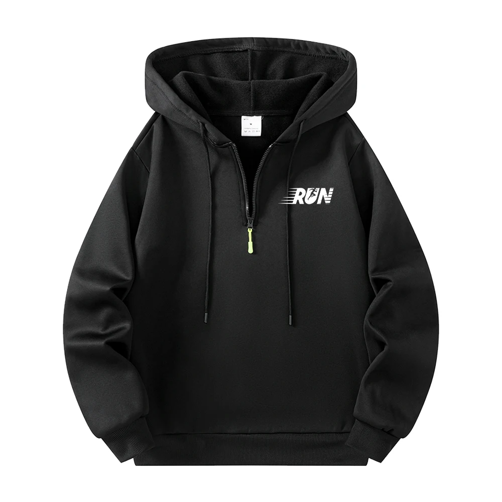 Men's  Casual Half Zip Hoodies With Creative Run Print Warm Pullover Sweatshirt For Daily Wear Streetwear Commute And Fitness