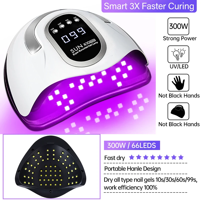 300W Professional Nail Dryer Lamp For Manicure Powerful UV Gel Nail Lamp 66 LEDs  Automatic Sensing Gel Polish Drying Lamp