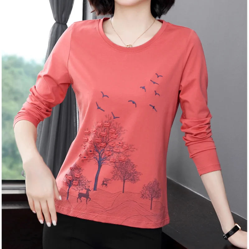 Spring and Autumn Women\'s Style Crew Neck Long Sleeve Loose Plus Size Pullovers Printed Embroidery Fashion Casual Tops