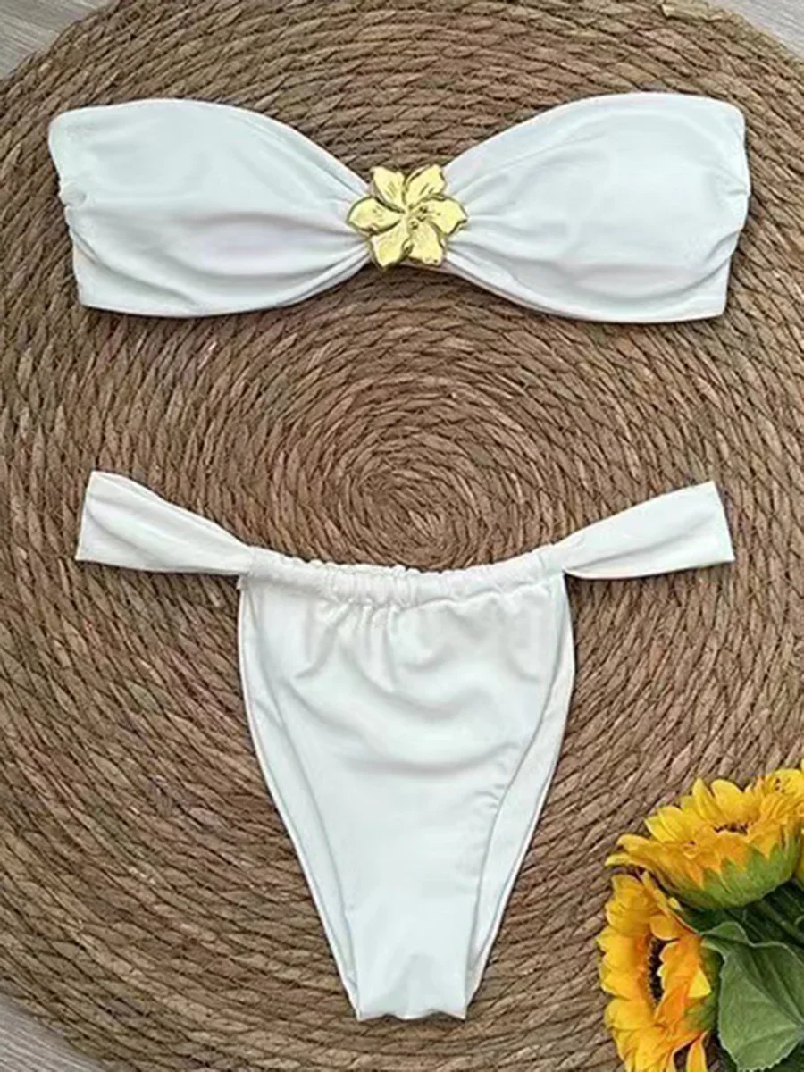 

New Metal Flower Bandeau Bikini Female Swimsuit Women Swimwear Two-pieces Bikini set High Leg Cut Bather Bathing Suit Swim Lady