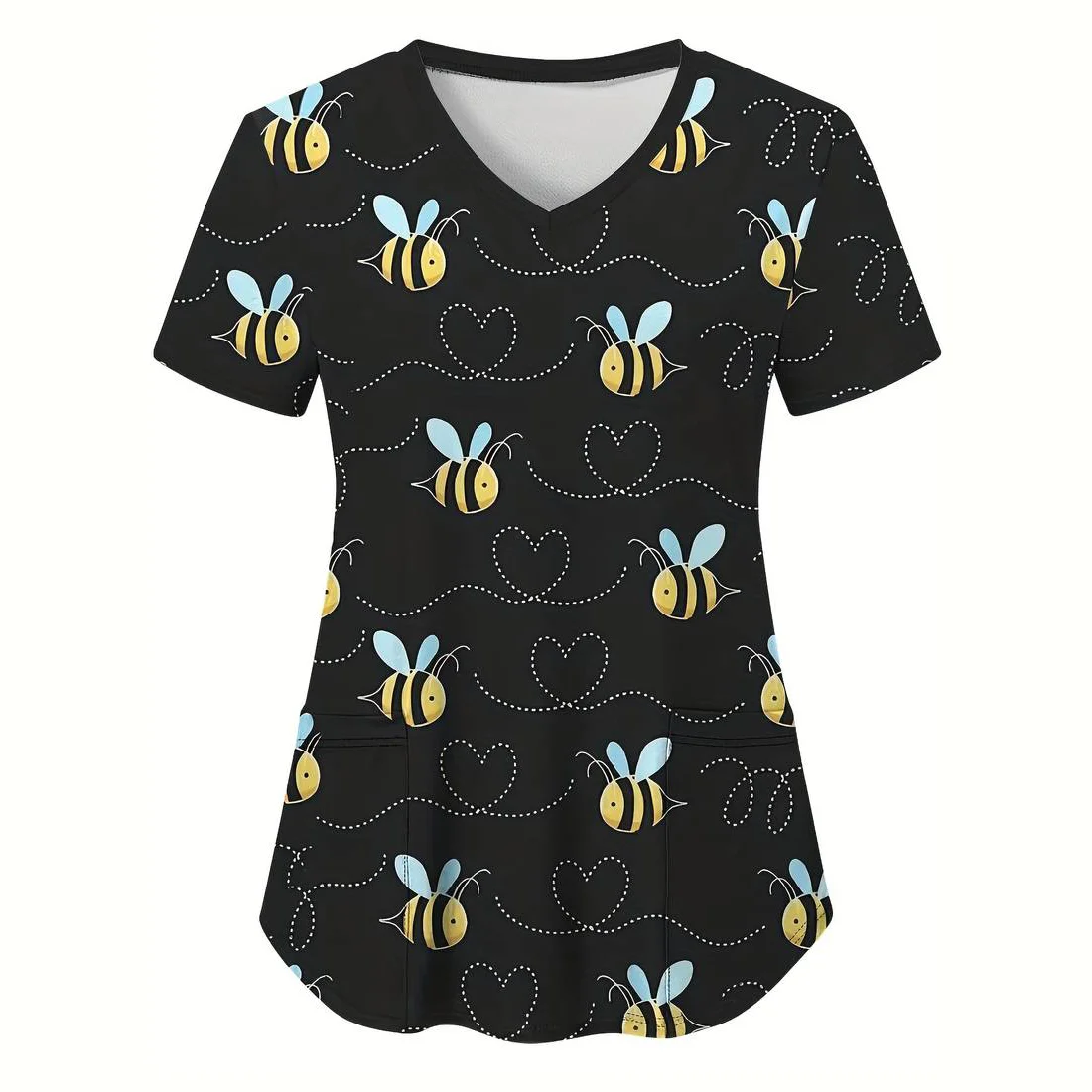 

Scrub Medical Woman Cute Bee Print Microelastic Dental Nursing Tops Fashion V-Neck Short Sleeve Patch Pocket Nurse Uniform Woman