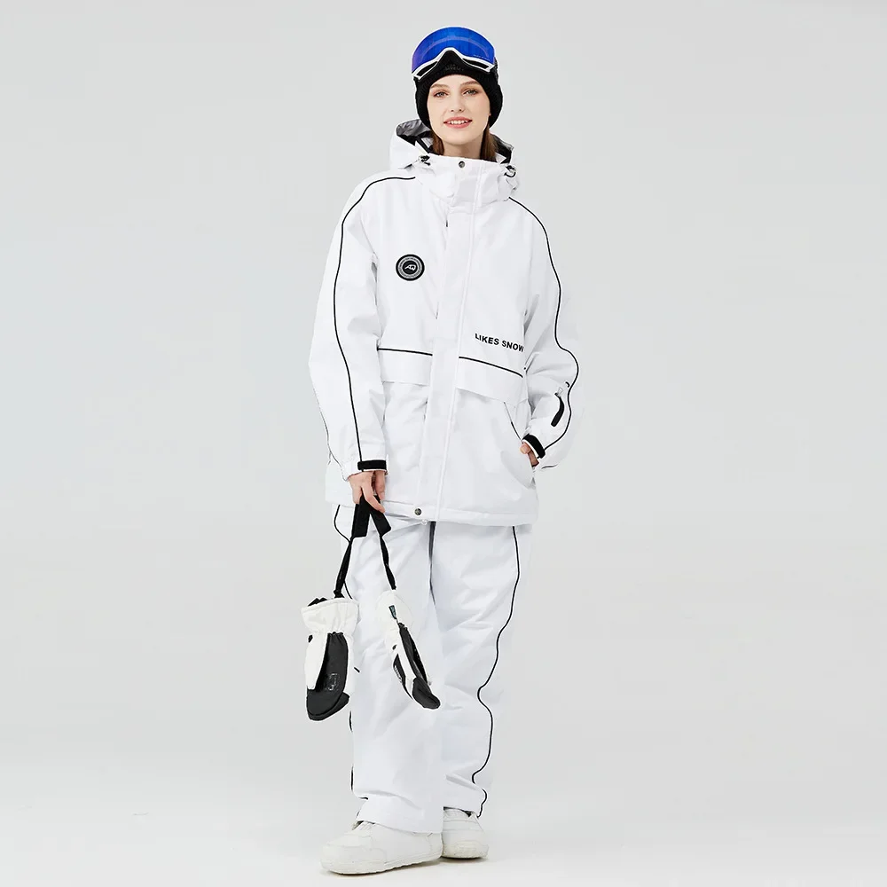 New Pure White Overalls Ski Suit Winter Snowboarding Jacket Pants Sets Men Women Waterproof Windproof Ski Coat Fashion Costumes