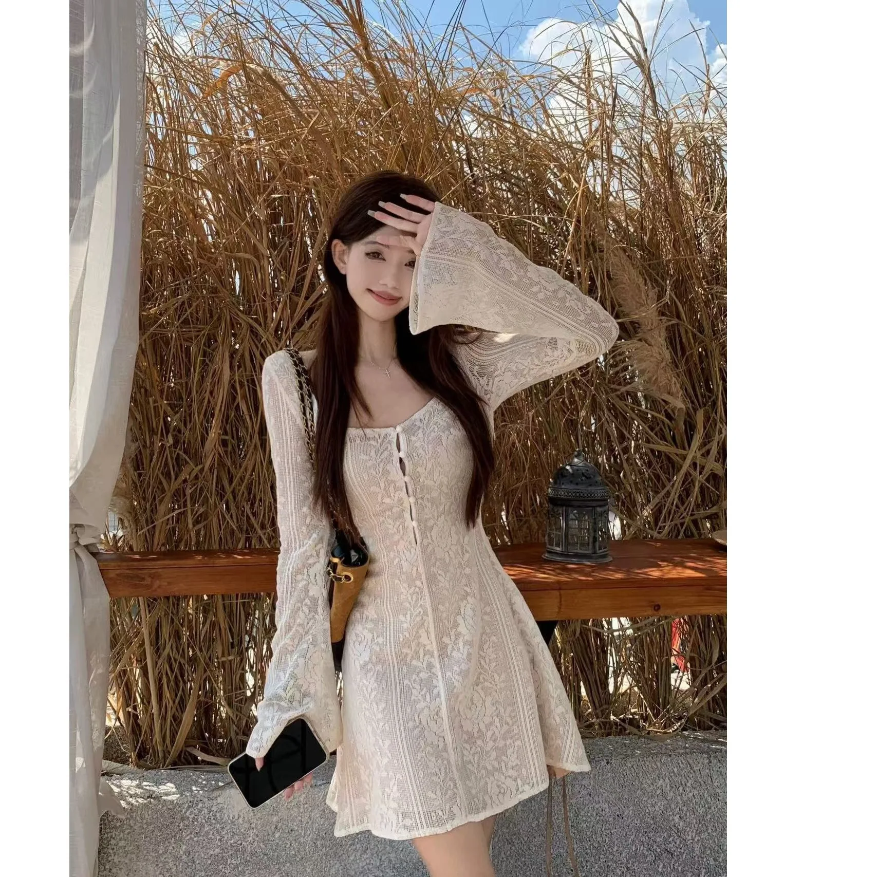 Women Dress 2026 Autumn Women Hollow Out Lace Flare Sleeve Dress Gentle Waist Cinched Slim Elegant Long Sleeve Midi Dress