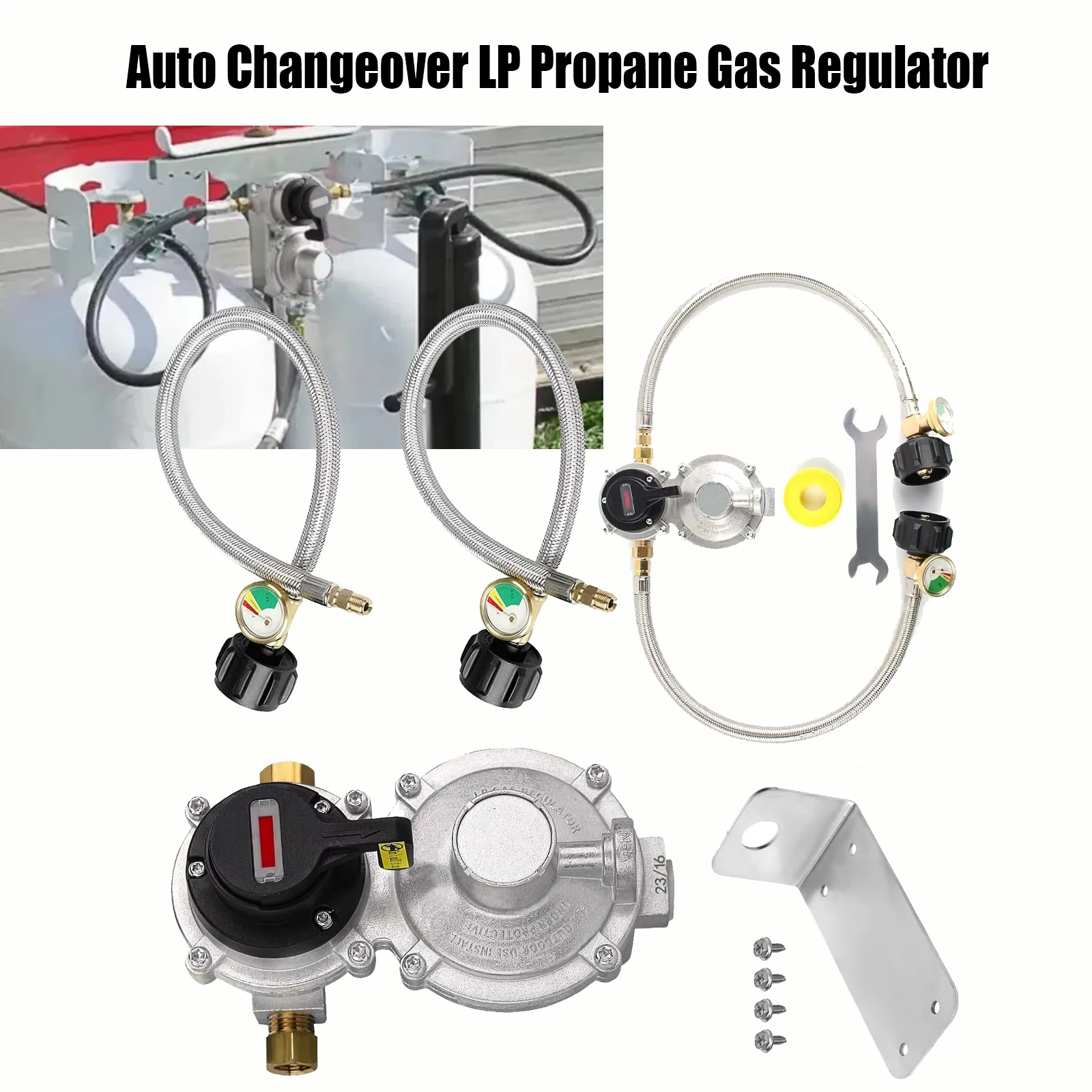 Home Cooking Gas - 2個入り、2段階自動切替式LPプロパンガスレギュレーター。18インチの短いホース、圧力計、QCC1 1/4インチの逆向きオス型フレア接続具付き。