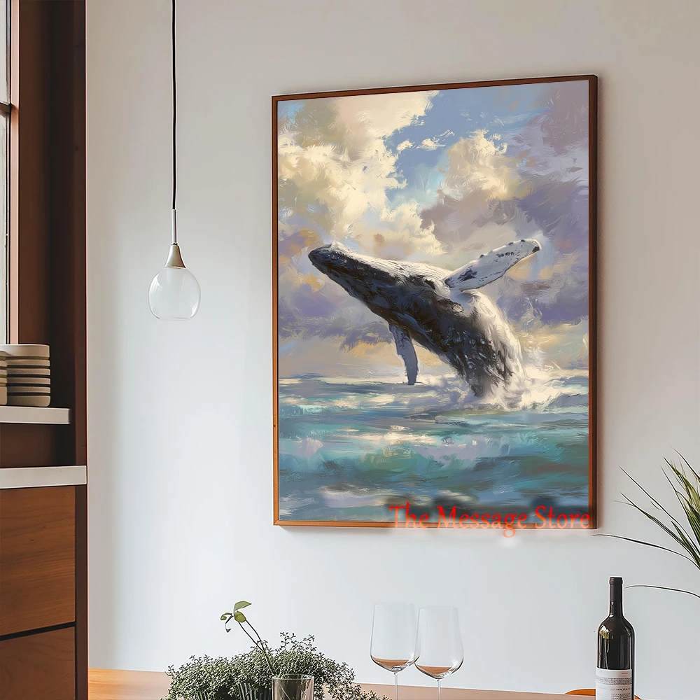 Blue Whale Coastal Humpback Ocean Nautical Sea Life Illustration Abstract Whale Poster Canvas Painting Wall Pictures Home Decor